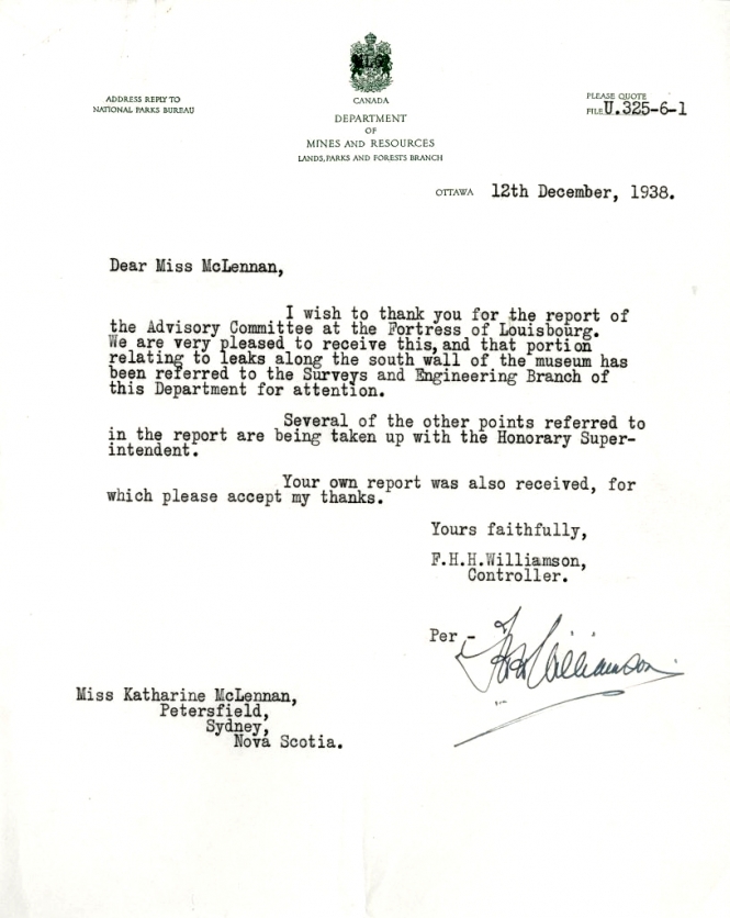 Letter from F.H.H. Williamson to Katharine McLennan